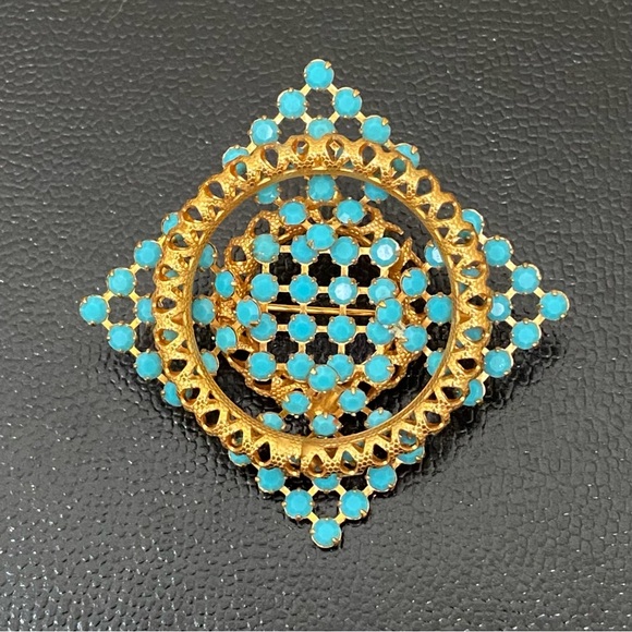 Vintage Unsigned Faux Turquoise Gold-tone Filigree Brooch - Picture 5 of 14